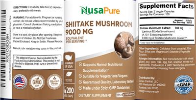 Shiitake Mushroom 9000 mg label