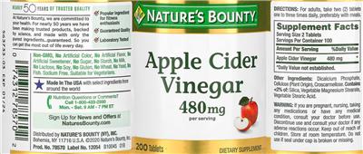 Apple Cider Vinegar 480 mg label