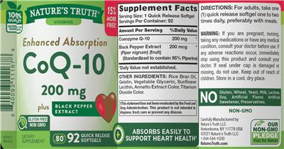 CoQ-10 200 mg plus Black Pepper Extract label