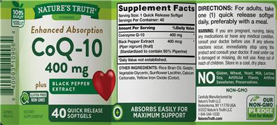 CoQ-10 400 mg plus Black Pepper Extract label