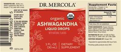 Organic Ashwagandha Liquid Drops label