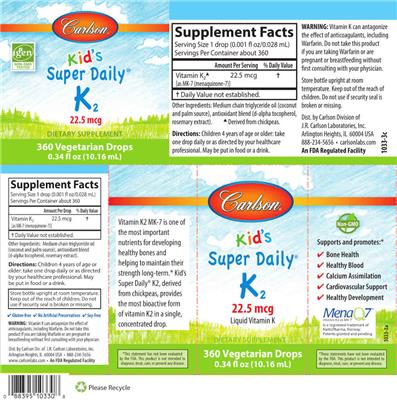 Kid's Super Daily K2 22.5 mcg label