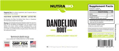 Dandelion Root 500 mg label