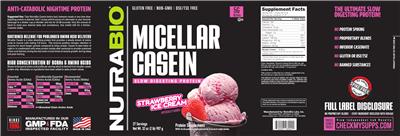 Micellar Casein Strawberry Ice Cream label