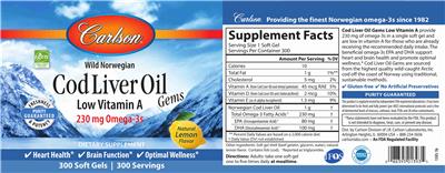 Cod Liver Oil Gems Low Vitamin A Natural Lemon Flavor label