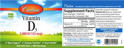Vitamin D3 5,000 IU (125 mcg) label