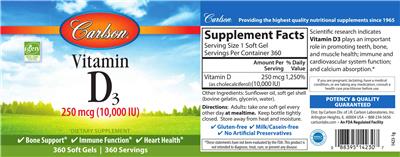 Vitamin D3 250 mcg (10,000 IU) label