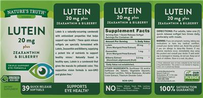 Lutein 20 mg plus Zeaxanthin & Bilberry label