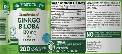 Standardized Ginkgo Biloba 120 mg plus Bacopa label