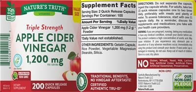 Triple Strength Apple Cider Vinegar 1,200 mg label