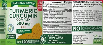 Turmeric Curcumin Complex 500 mg plus Black Pepper Extract label