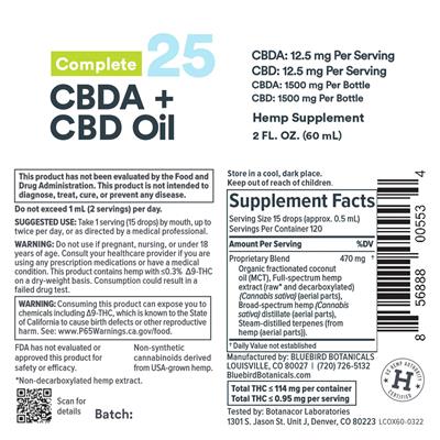 Complete CBDA + CBD Oil 25 mg label
