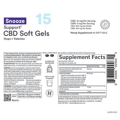 Snooze Support CBD Soft Gels 15 mg label
