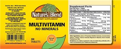 Multivitamin no Minerals label