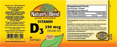 Vitamin D3 250 mcg (10,000 IU) label