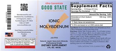 Ionic Molybdenum 200 PPM label
