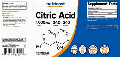 Citric Acid 1,000 mg label