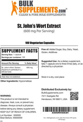 St. John's Wort Extract (600 mg) label