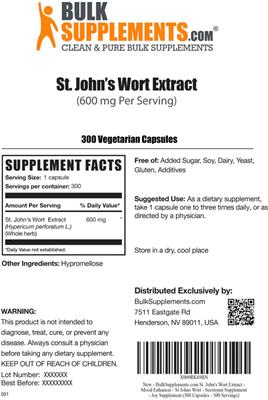 St. John's Wort Extract (600 mg) label