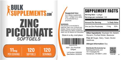 Zinc Picolinate Softgels 11 mg label