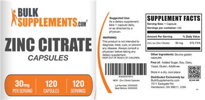 Zinc Citrate Capsules 30 mg label