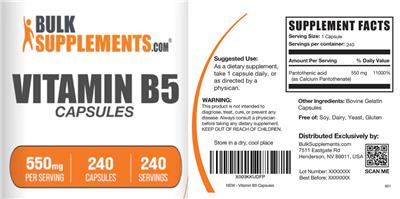 Vitamin B5 Capsules 550 mg label