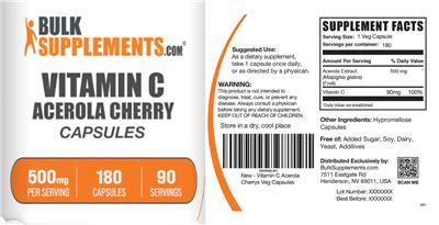 Vitamin C Acerola Cherry Capsules 500 mg label