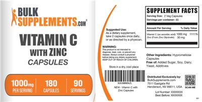 Vitamin C with Zinc Capsules 1000 mg label