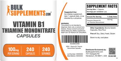 Vitamin B1 Thiamine Mononitrate Capsules 100 mg label