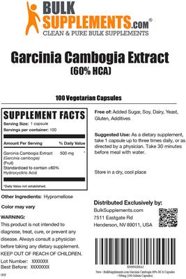 Garcinia Cambogia Extract (60% HCA) 500 mg label