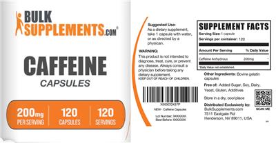 Caffeine Capsules 200 mg label