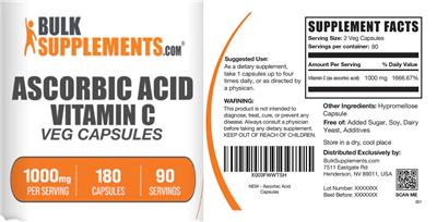 Ascorbic Acic Vitamin C 1000 mg Veg Capsules label