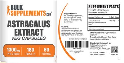 Astragalus Extract 1300 mg Veg Capsules label