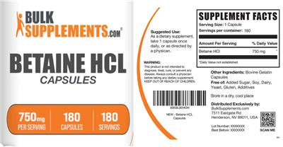 Betaine HCl 750 mg Capsules label