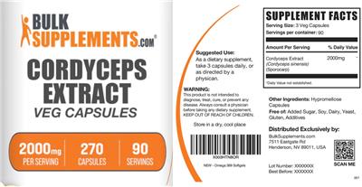 Cordyceps Extract 2000 mg Veg Capsules label