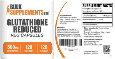Glutathione Reduced 500 mg Veg Capsules label