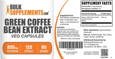 Green Coffee Bean Extract 800 mg Veg Capsules label