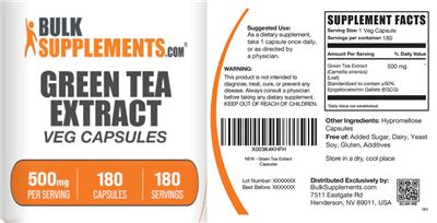 Green Tea Extract 500 mg Veg Capsules label
