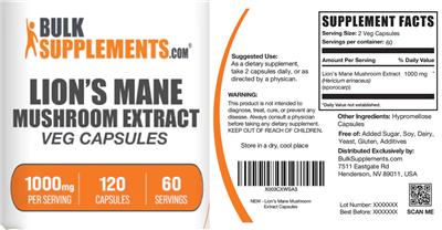 Lion's Mane Mushroom Extract 1000 mg Veg Capsules label