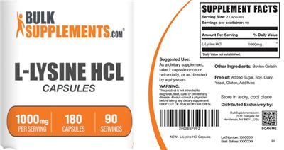 L-Lysine HCl 1000 mg Capsules label