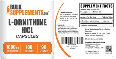 L-Ornithine HCl 1000 mg Capsules label