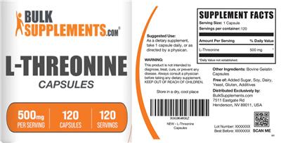 L-Threonine 500 mg Capsules label