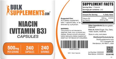 Niacin (Vitamin B3) 500 mg Capsules label