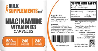 Niacinamide Vitamin B3 500 mg Capsules label
