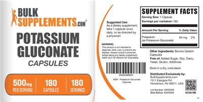 Potassium Gluconate 500 mg Capsules label