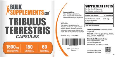 Tribulus terrestris 1500 mg Capsules label