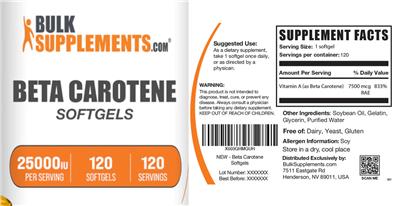 Beta Carotene 25000 IU Softgels label