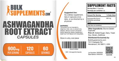 Ashwagandha Root Extract 900 mg Capsules label