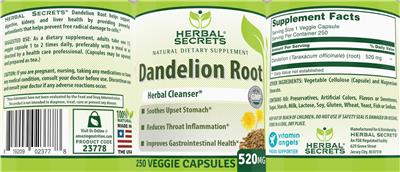 Dandelion Root 520 mg label