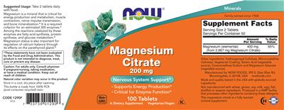 Magnesium Citrate 200 mg label